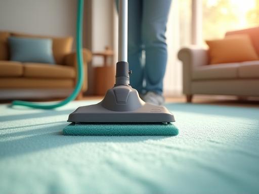 Carpet cleaning in progress in a living room