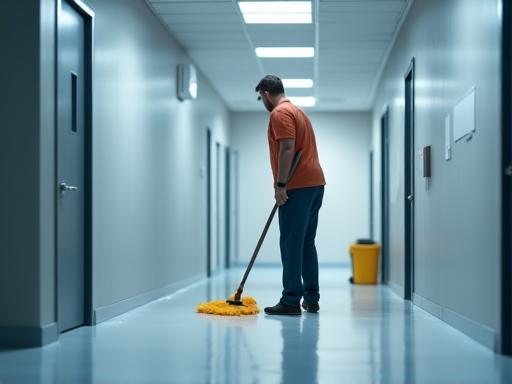 Janitor mopping an office hallway