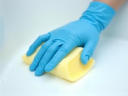 Gloved hands scrubbing a bathtub