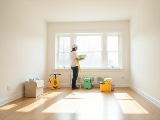 Cleaner with supplies in an empty apartment