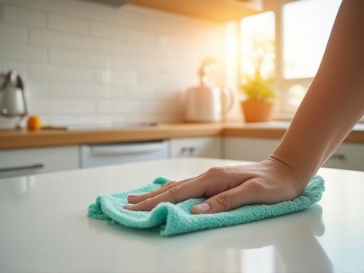 Cleaner wiping down a kitchen counter