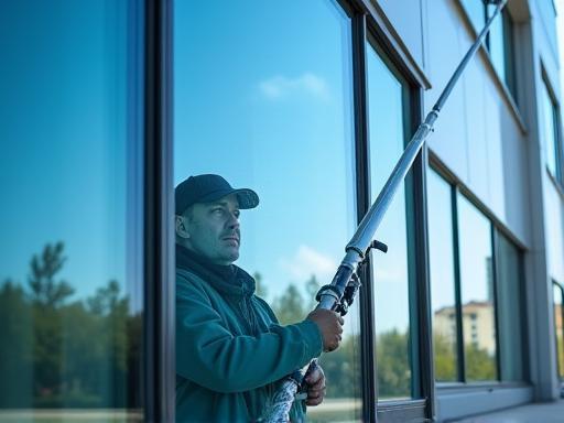 Cleaner washing exterior windows with a pole